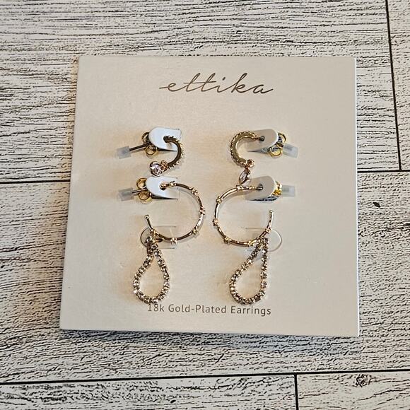 Ettika Hoop Earring Set 18K Gold Plated 3 Pairs Date Night Out Dainty - Picture 2 of 6